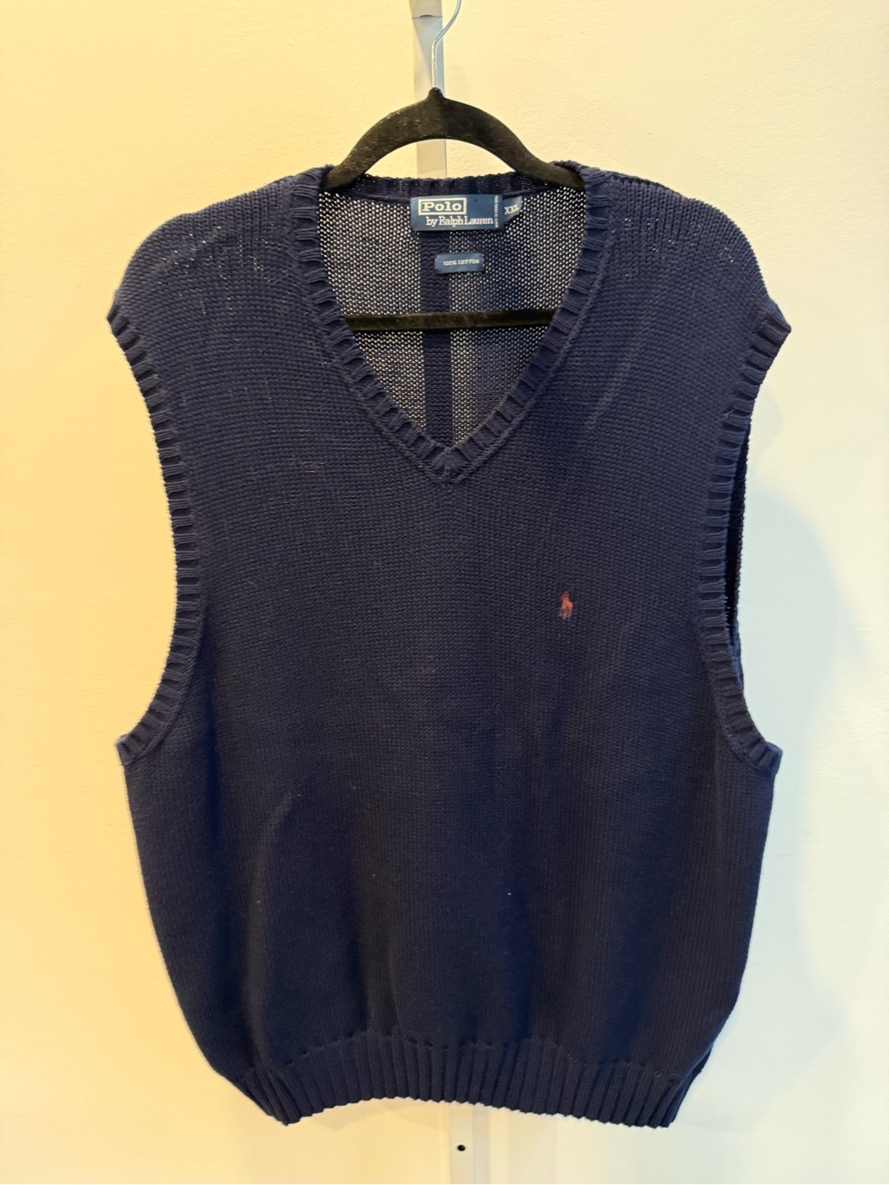 Vintage Ralph Lauren Navy V-Neck Knit Sweater Vest Red Polo Pony Cotton Size XXL
